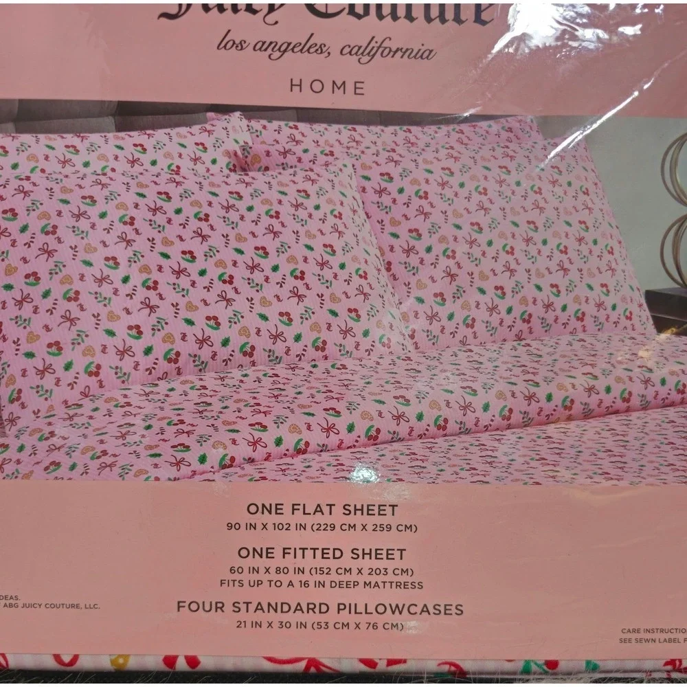 Juicy Couture Christmas Pink Green Queen‎ Sheet Set Los Angeles NWT